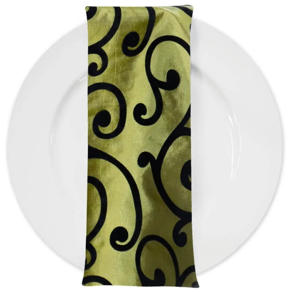 Swirl Flocking Taffeta Table Napkins in Black and Olive