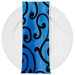 Swirl Flocking Taffeta Table Napkins in Black and Royal