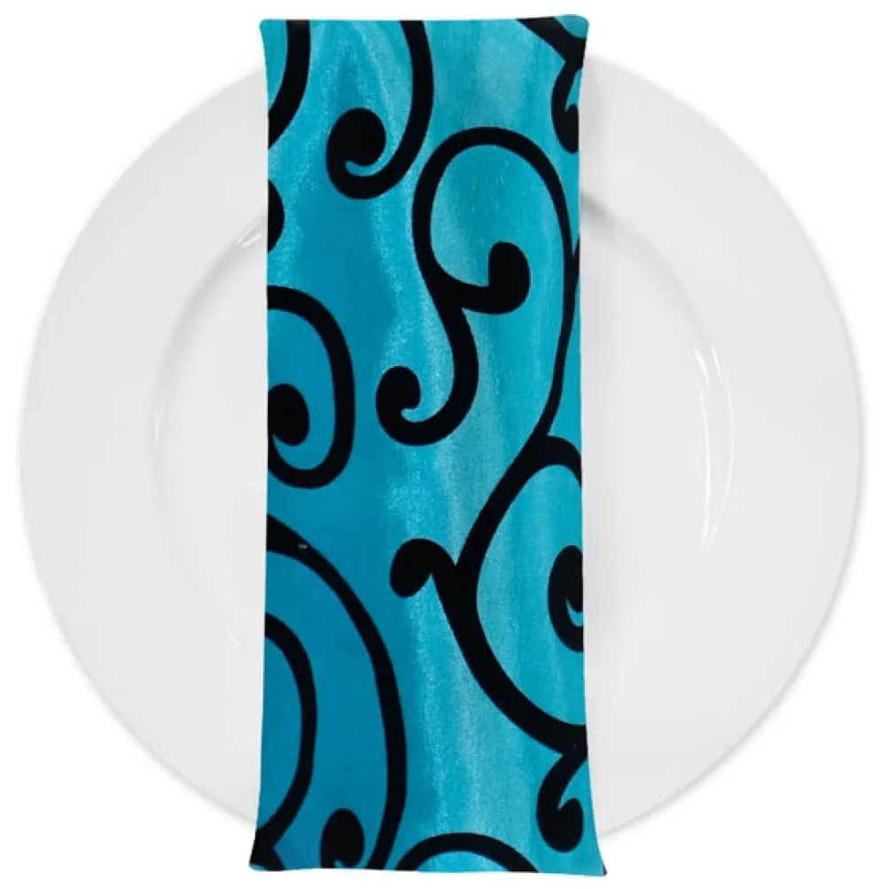Swirl Flocking Taffeta Table Napkins in Black and Turquoise