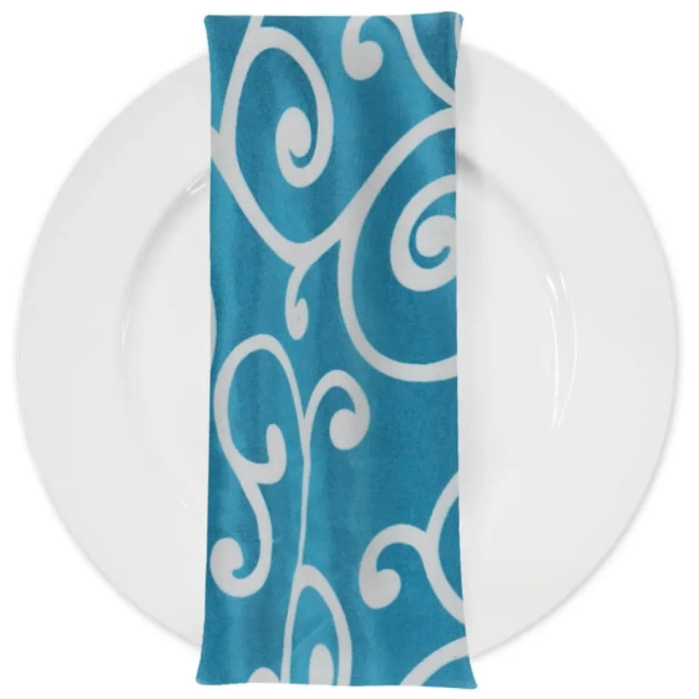 Swirl Flocking Taffeta Table Napkins in Silver and Turquoise