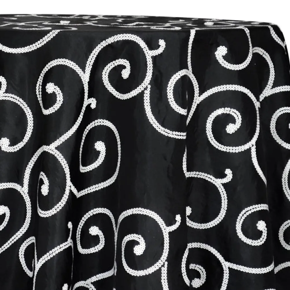 Swirl Sequins Taffeta Table Linen in White and Black
