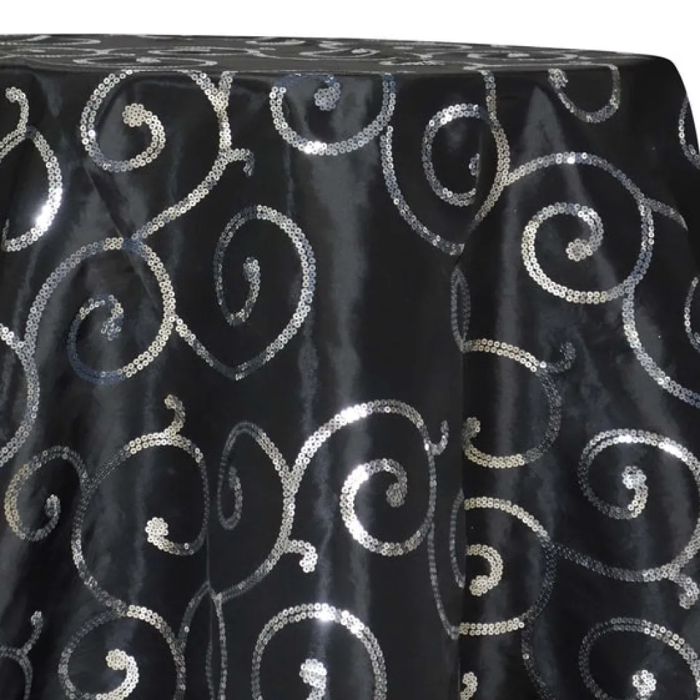 Swirl Sequins Taffeta Table Linen in Silver and Black