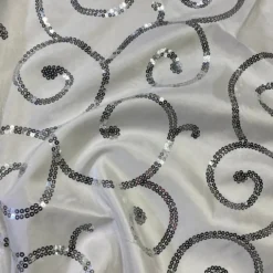 Swirl Sequins Taffeta Table Linen in Silver and White
