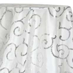Swirl Sequins Taffeta Table Linen in Silver and White