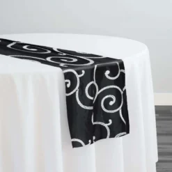 Swirl Sequins Taffeta Table Runner in White and Black