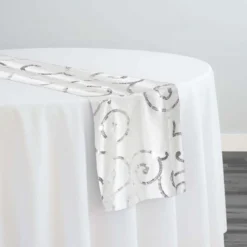 Swirl Sequins Taffeta Table Runner in Silver and White