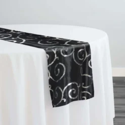 Swirl Sequins Taffeta Table Runner in Silver and Black