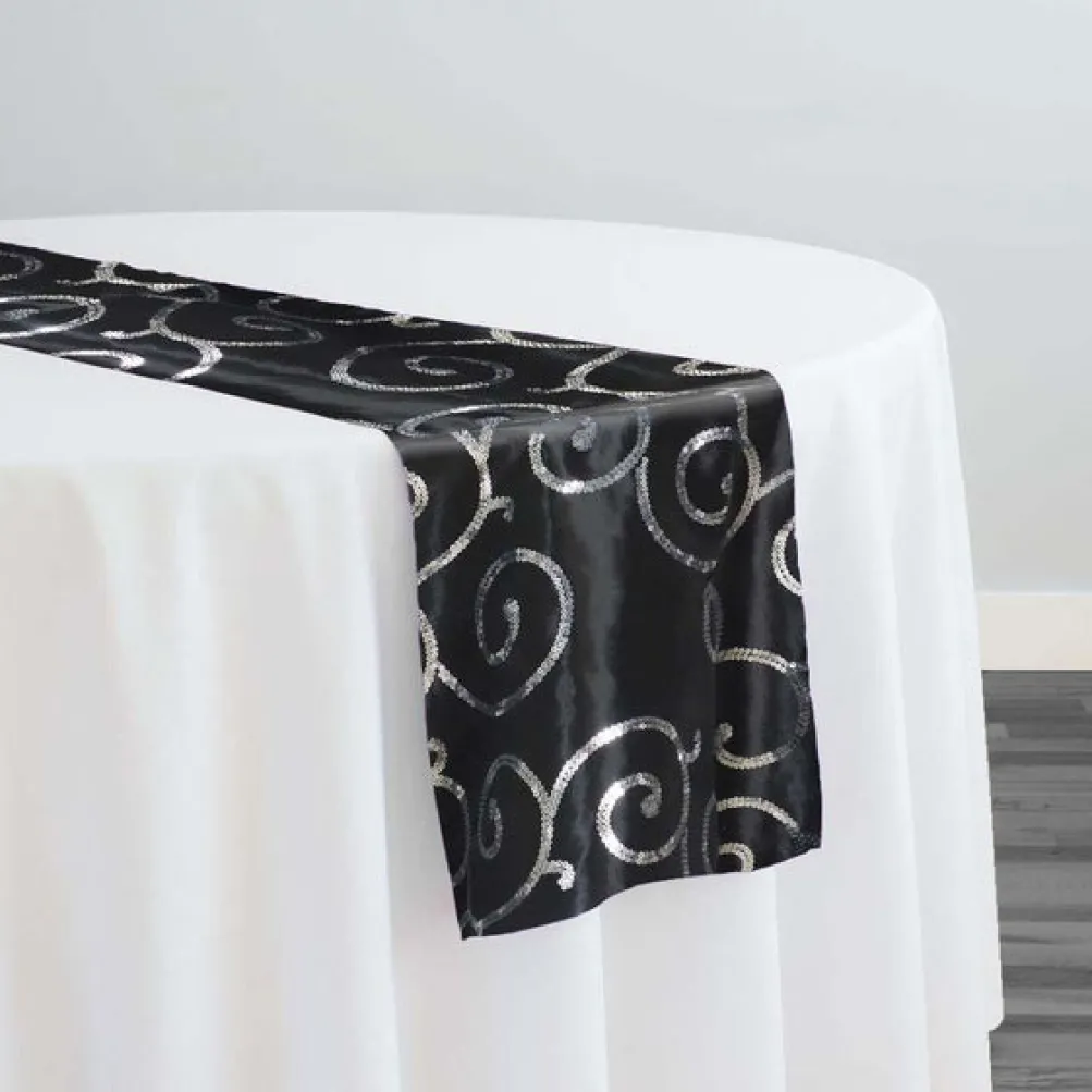 Swirl Sequins Taffeta Table Runner in Silver and Black