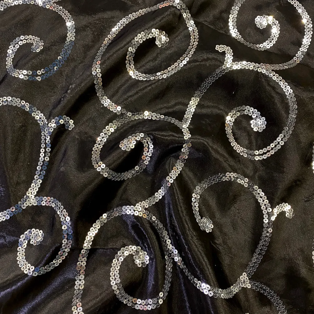 Swirl Sequins Taffeta Table Runner in Silver and Black