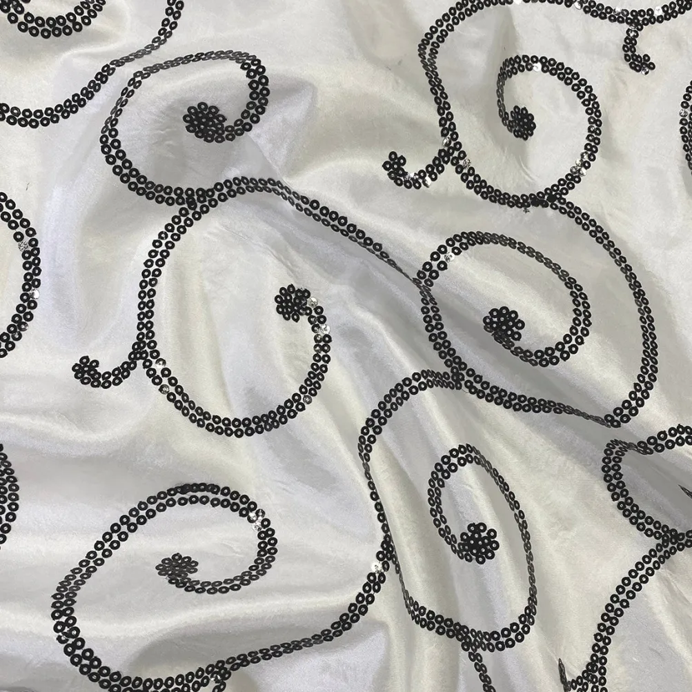 Swirl Sequins Taffeta Table Runner in Black and White