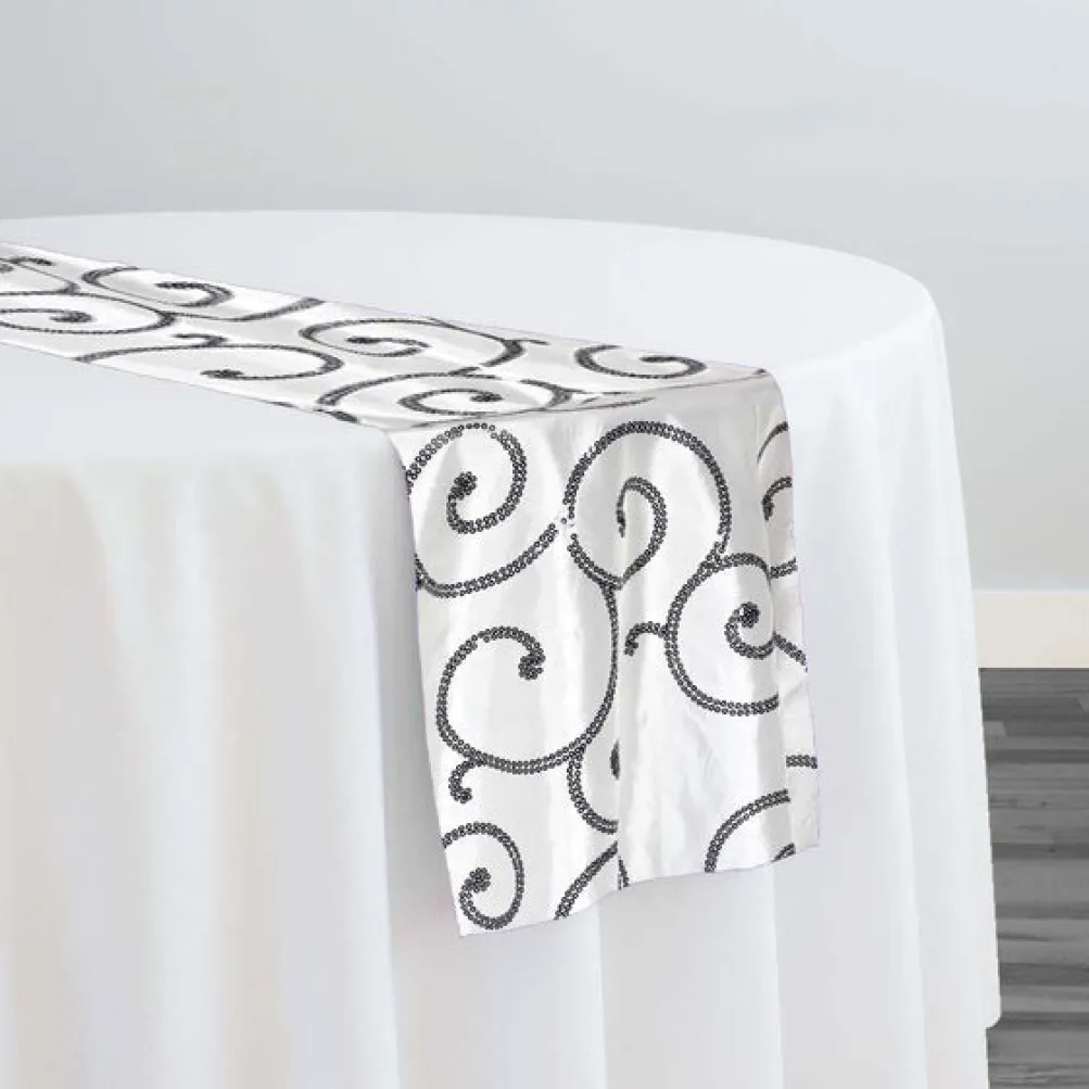 Swirl Sequins Taffeta Table Runner in Black and White
