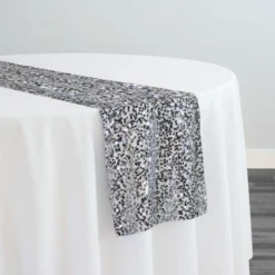 Taffeta Sequins Table Runner in Silver on White