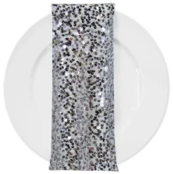Taffeta Sequins (w/ Poly Lining) Table Napkin in Silver on White