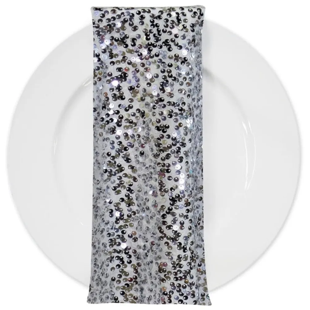 Taffeta Sequins (w/ Poly Lining) Table Napkin in Silver on White