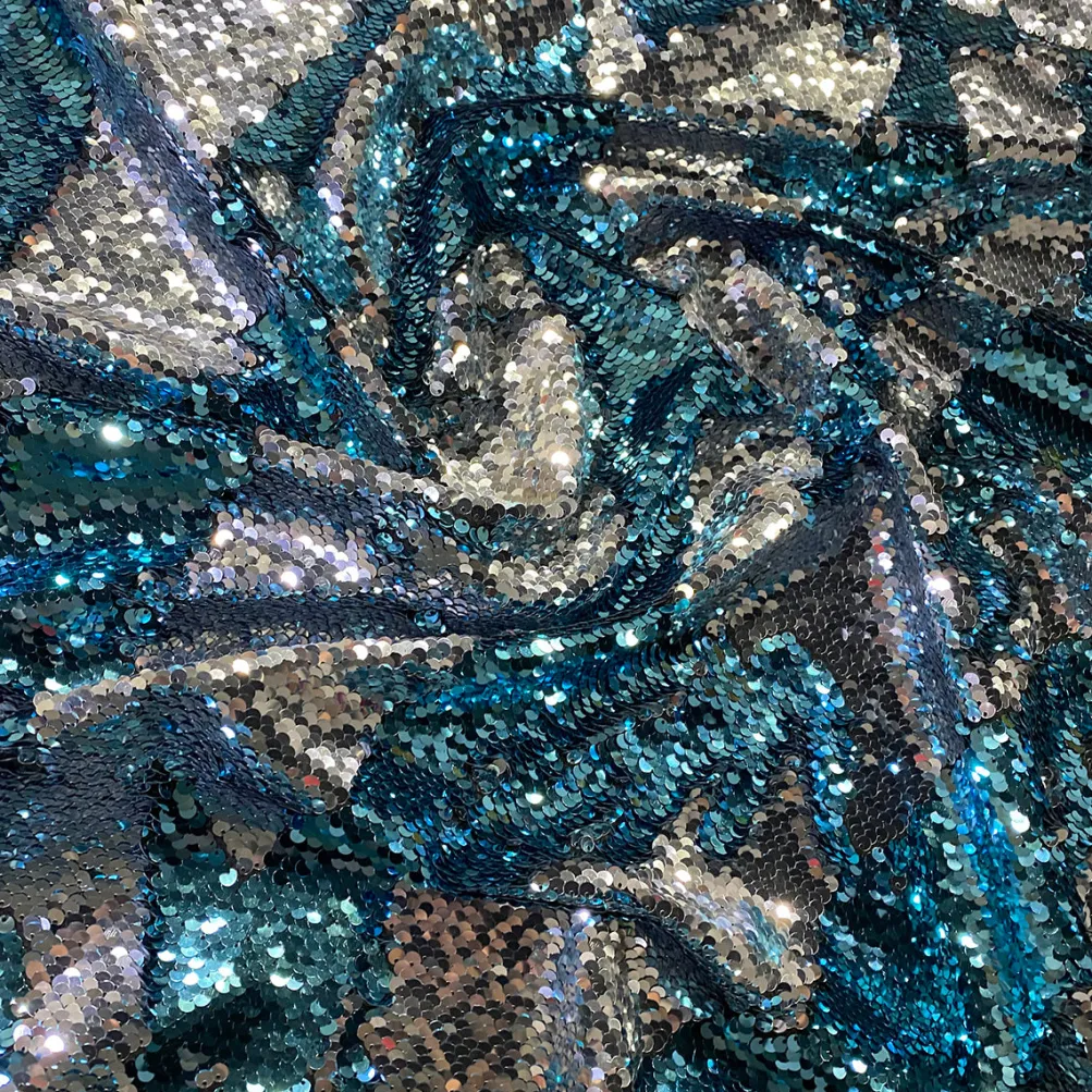 Two-Tone Sequins Table Linen in Turquoise and Silver